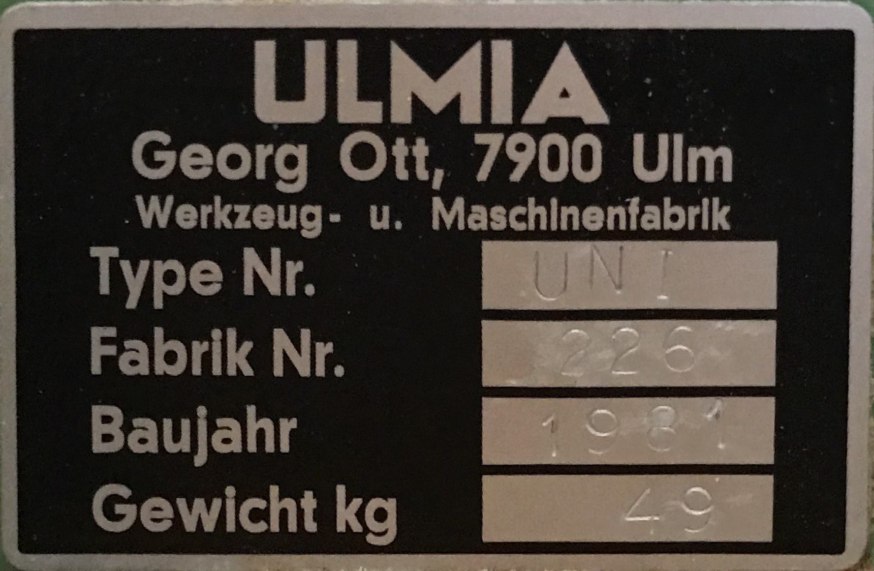 Typenschild Ulmia Uni